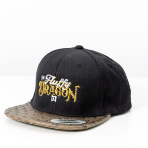 A black snapback hat with The Fluffy Dragon Co logo