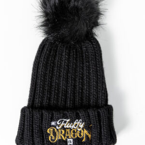 A black bobble hat with The Fluffy Dragon Co logo