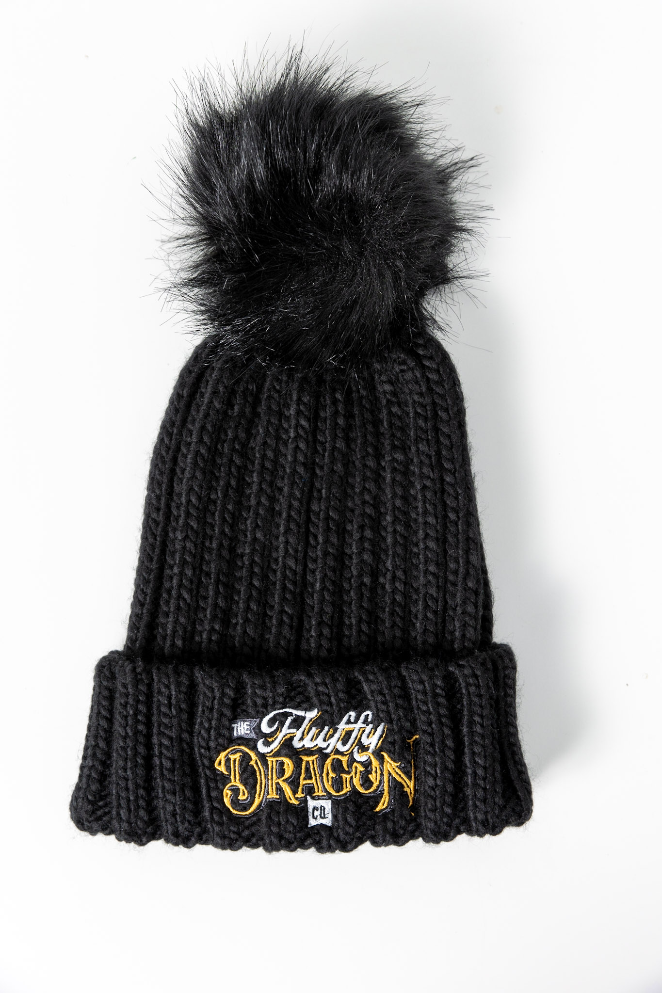 A black bobble hat with The Fluffy Dragon Co logo